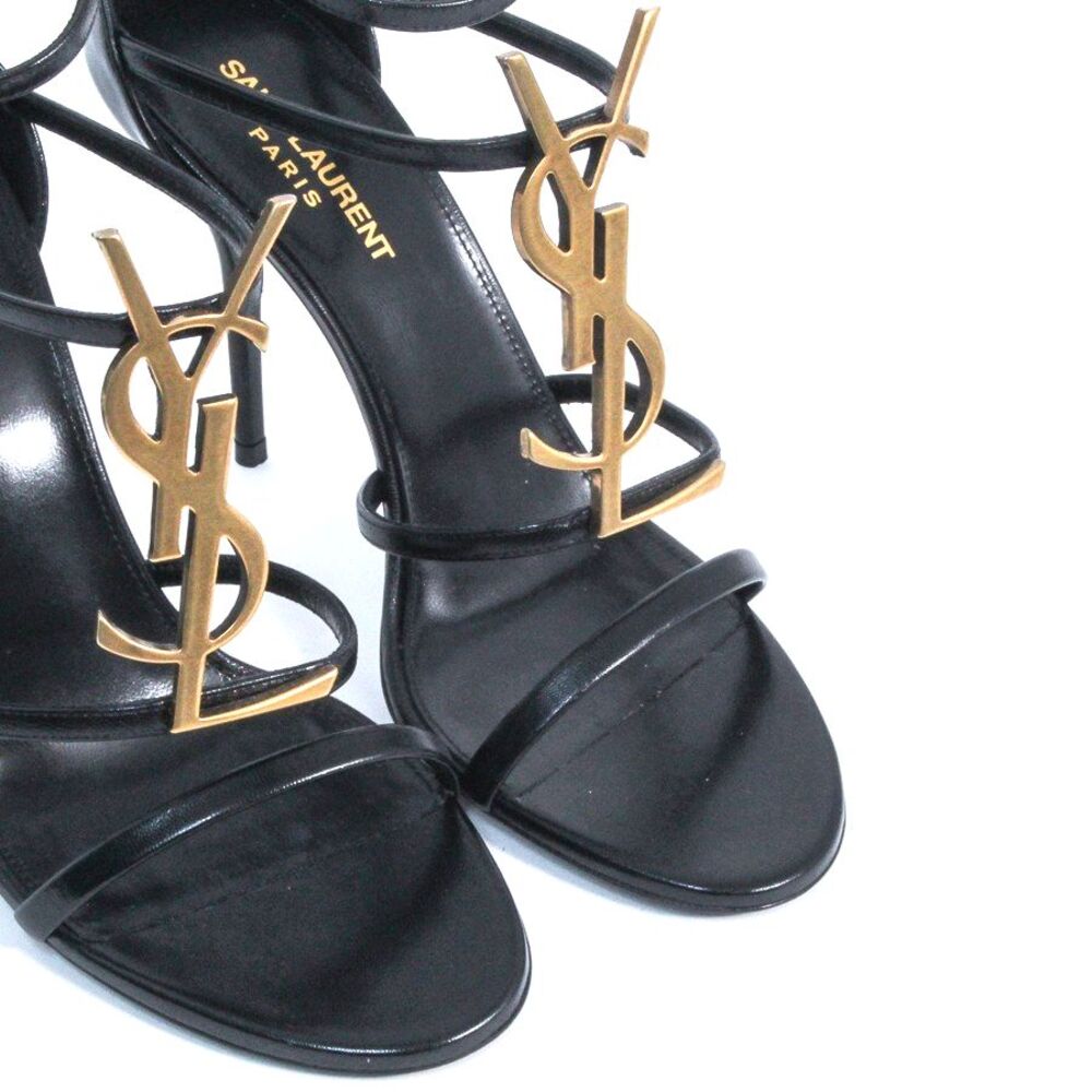 Saint Laurent Cassandra Sandals Black Leather Gold YSL Monogram Logo Heels 39 - Picture 4 of 15